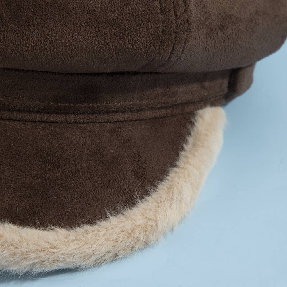 Plush Trim Vegan Suede Newsboy Hat