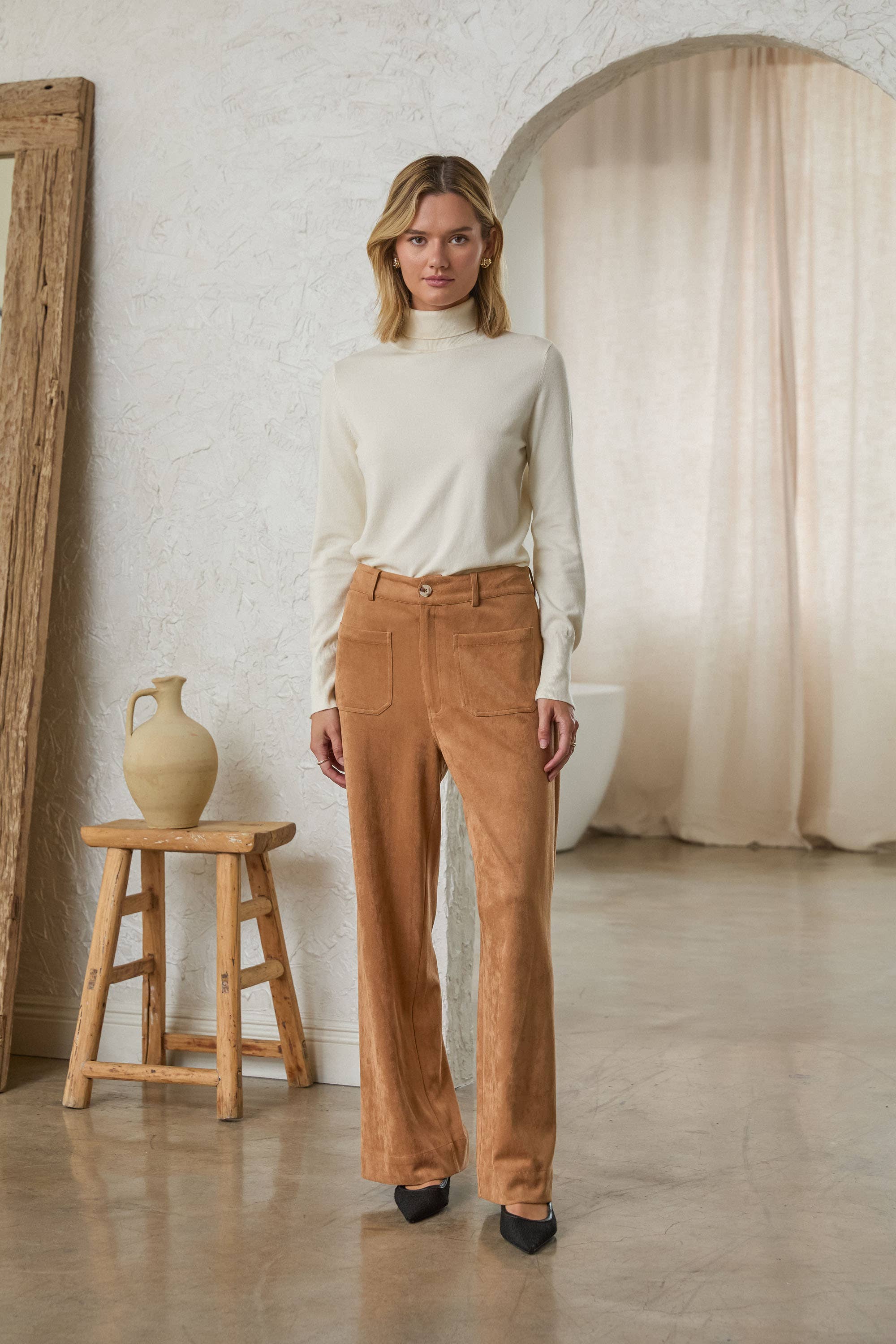 Vegan Suede Wide Leg Pants with Front Pockets