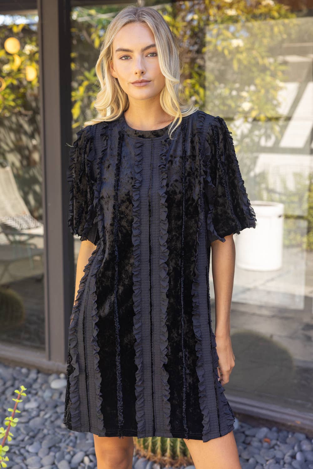 Ruffle Lace Overlay Velvet Dress