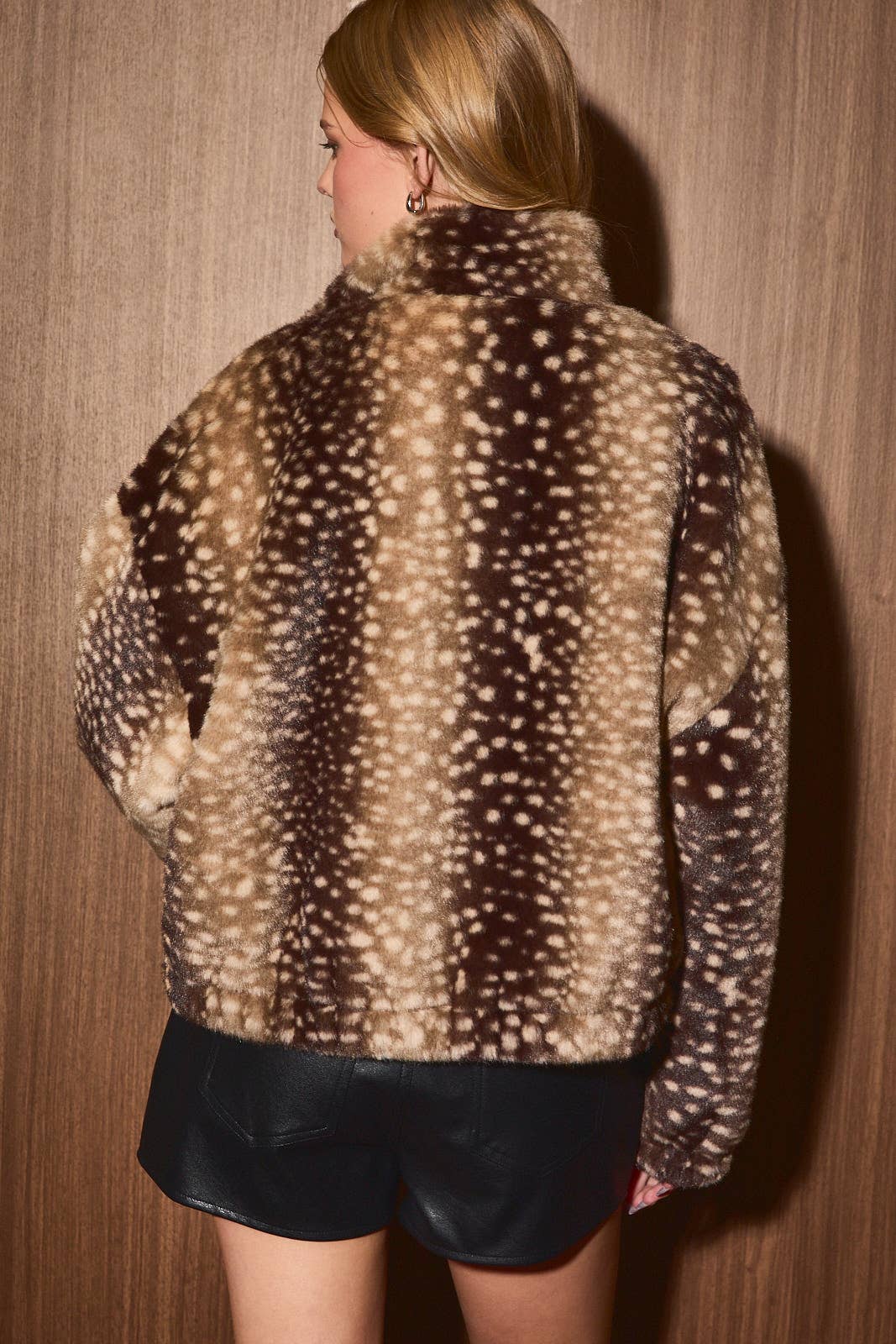 Faux Fur Deer Print Zip Jacket