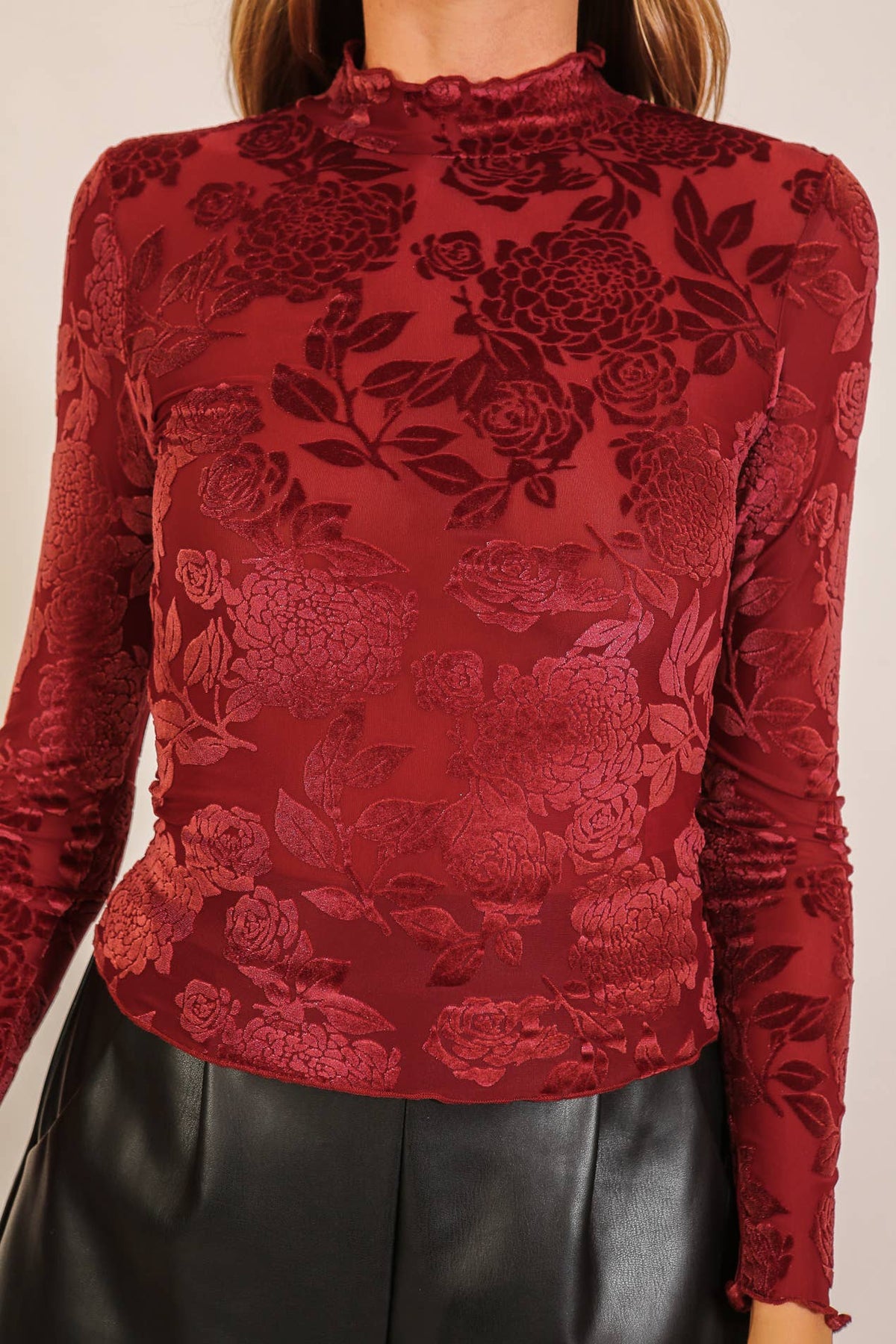 Floral Mesh Mock Neck Top