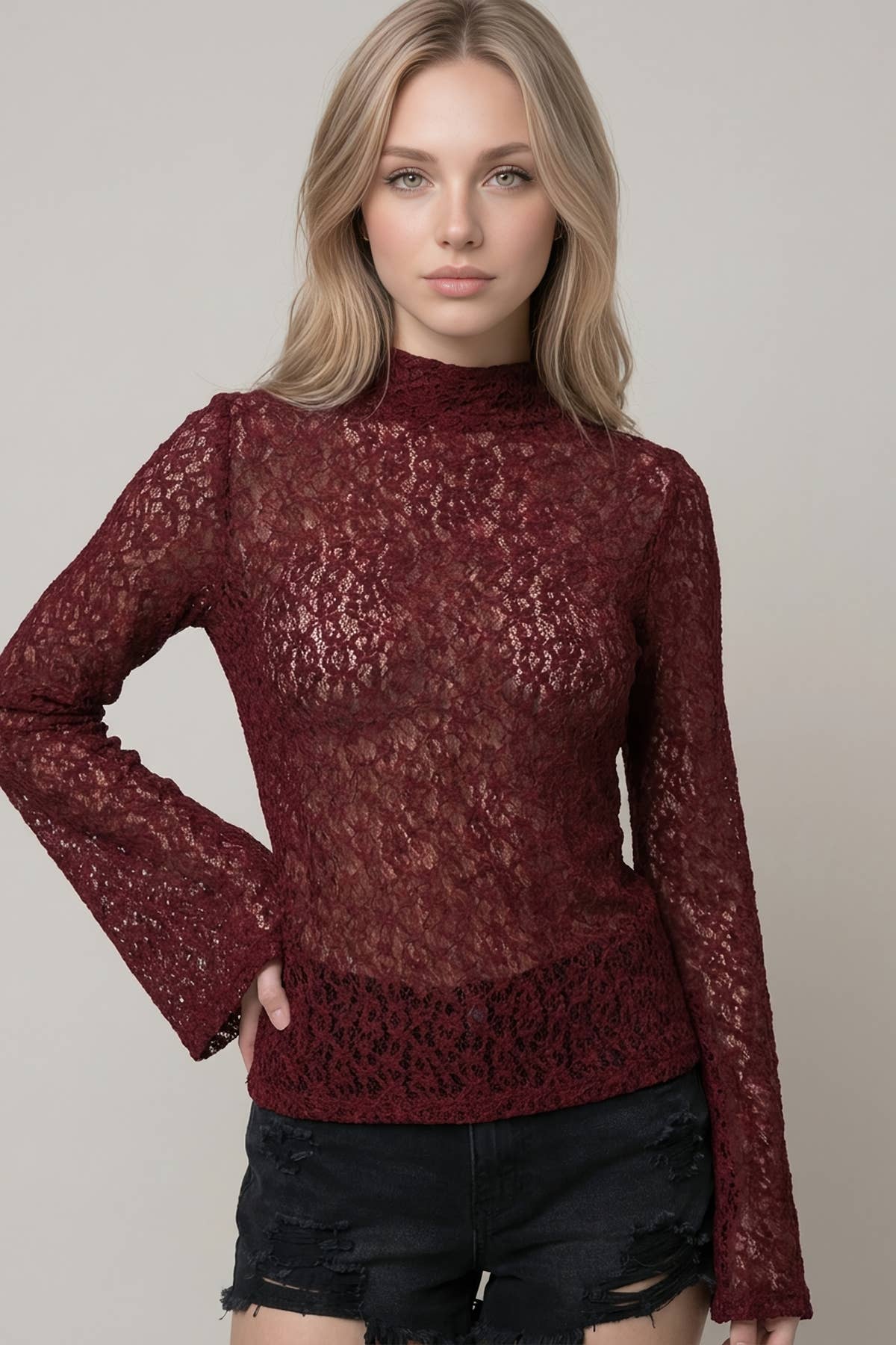 Lace Mock Neck Semi Bell Slv Top