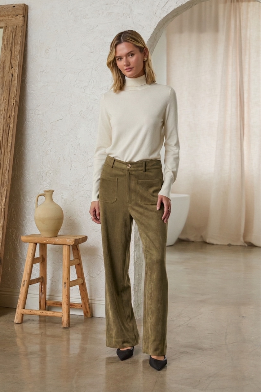Vegan Suede Wide Leg Pants with Front Pockets