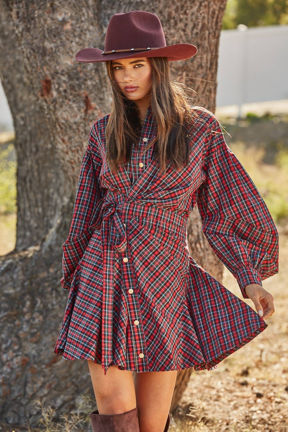 Asymmetrical Ruched Plaid Wrap Dress
