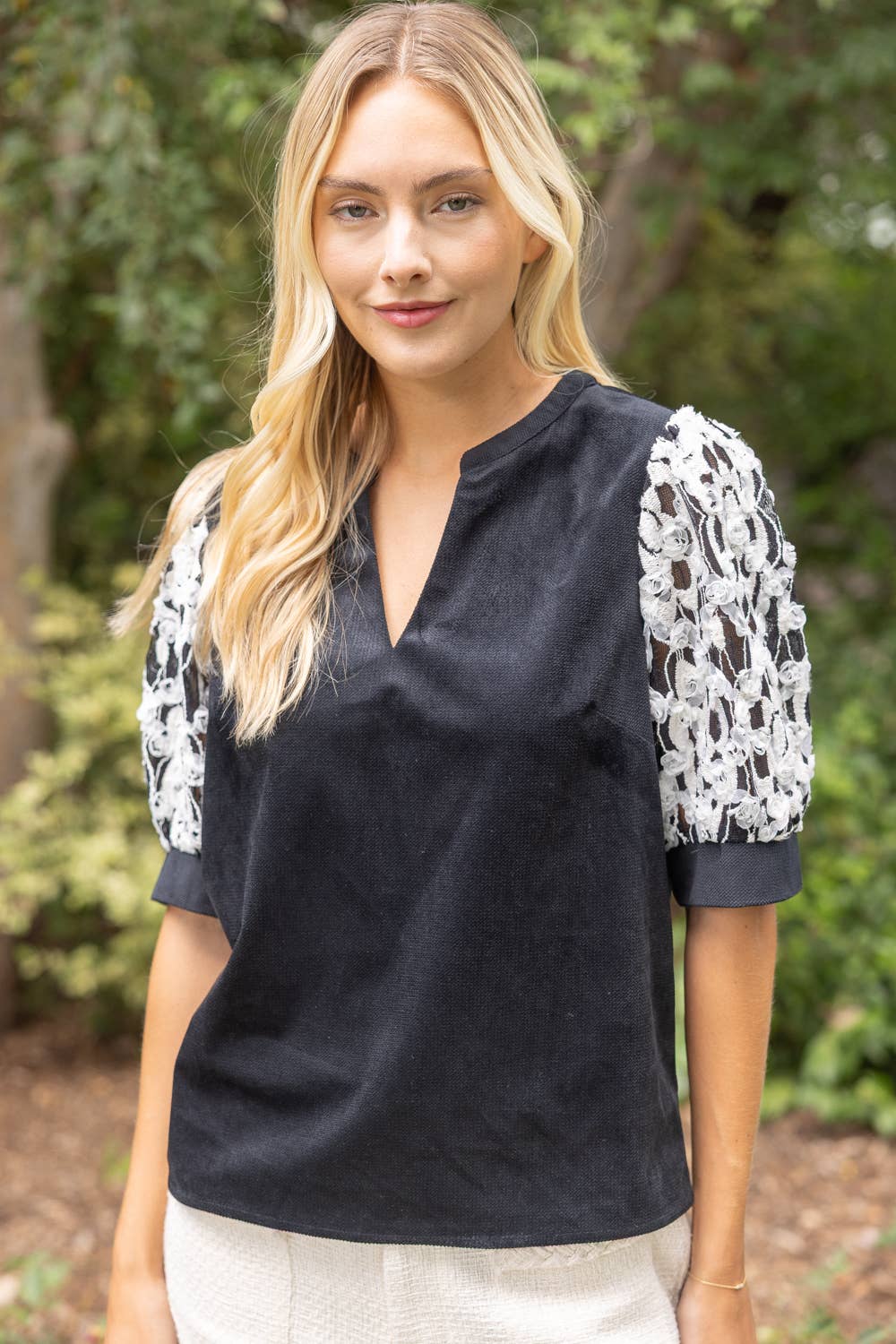 Floral Embroidered Lace Sleeve Colorblock Top
