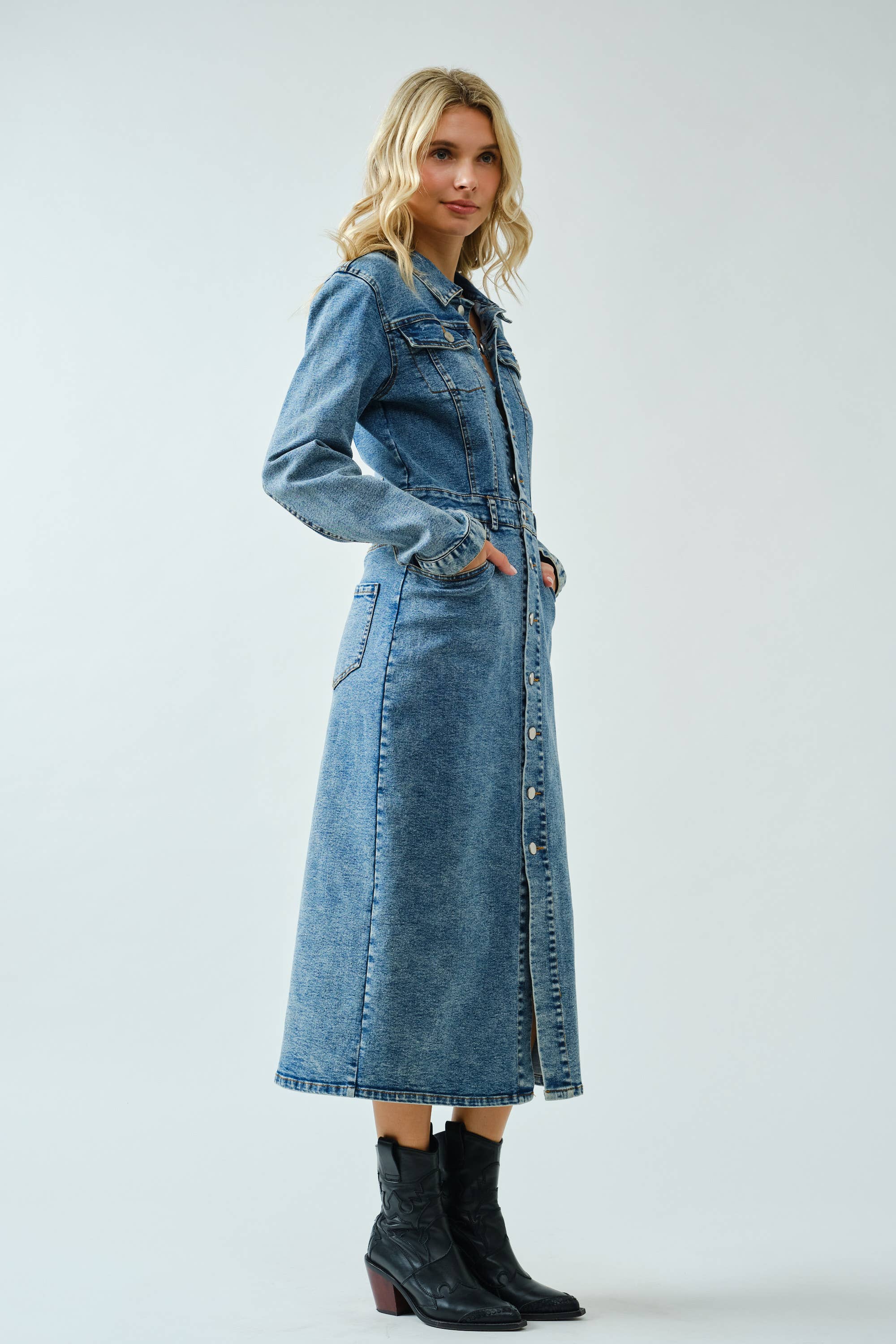 Stretch Button Down Washed Denim Dress