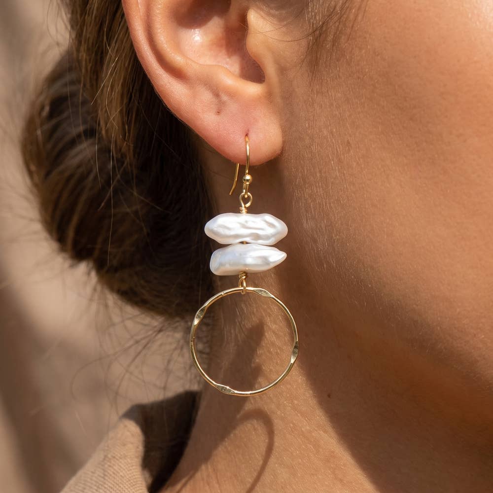 Stacked Keshi Pearl & Hammered Ring Earrings