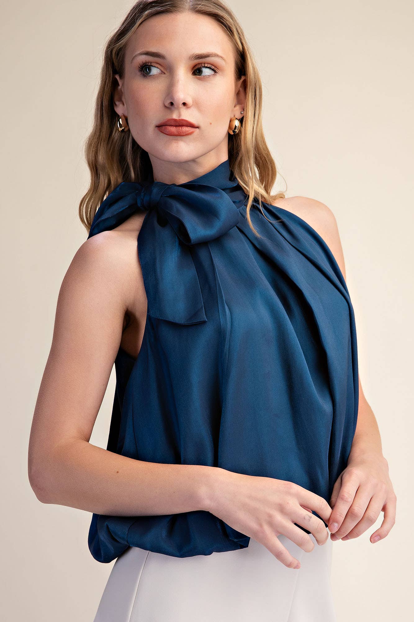 High Neck Tie Wrap Sleeveless Bubble Top