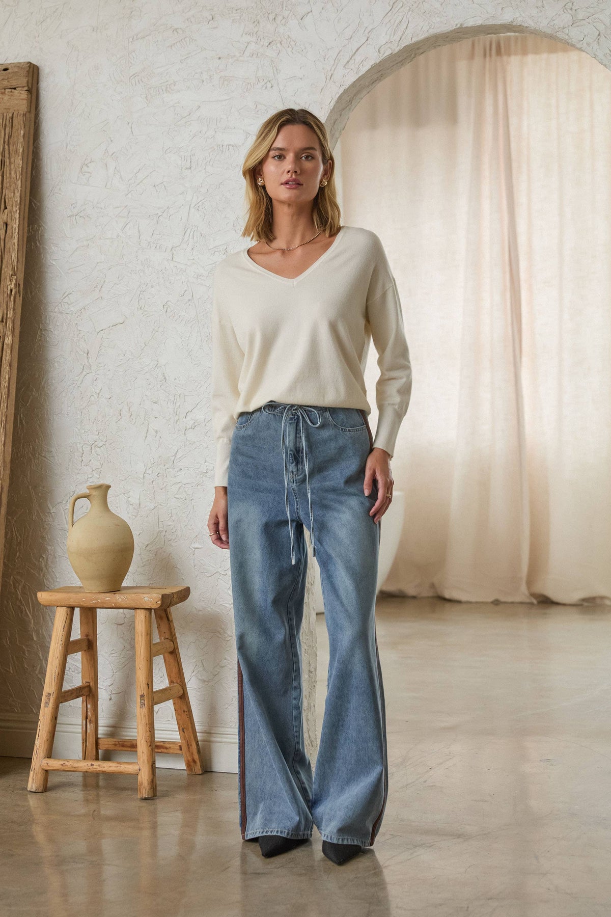 Washed Denim Pants with Faux Suede Side Line Detail and Wais