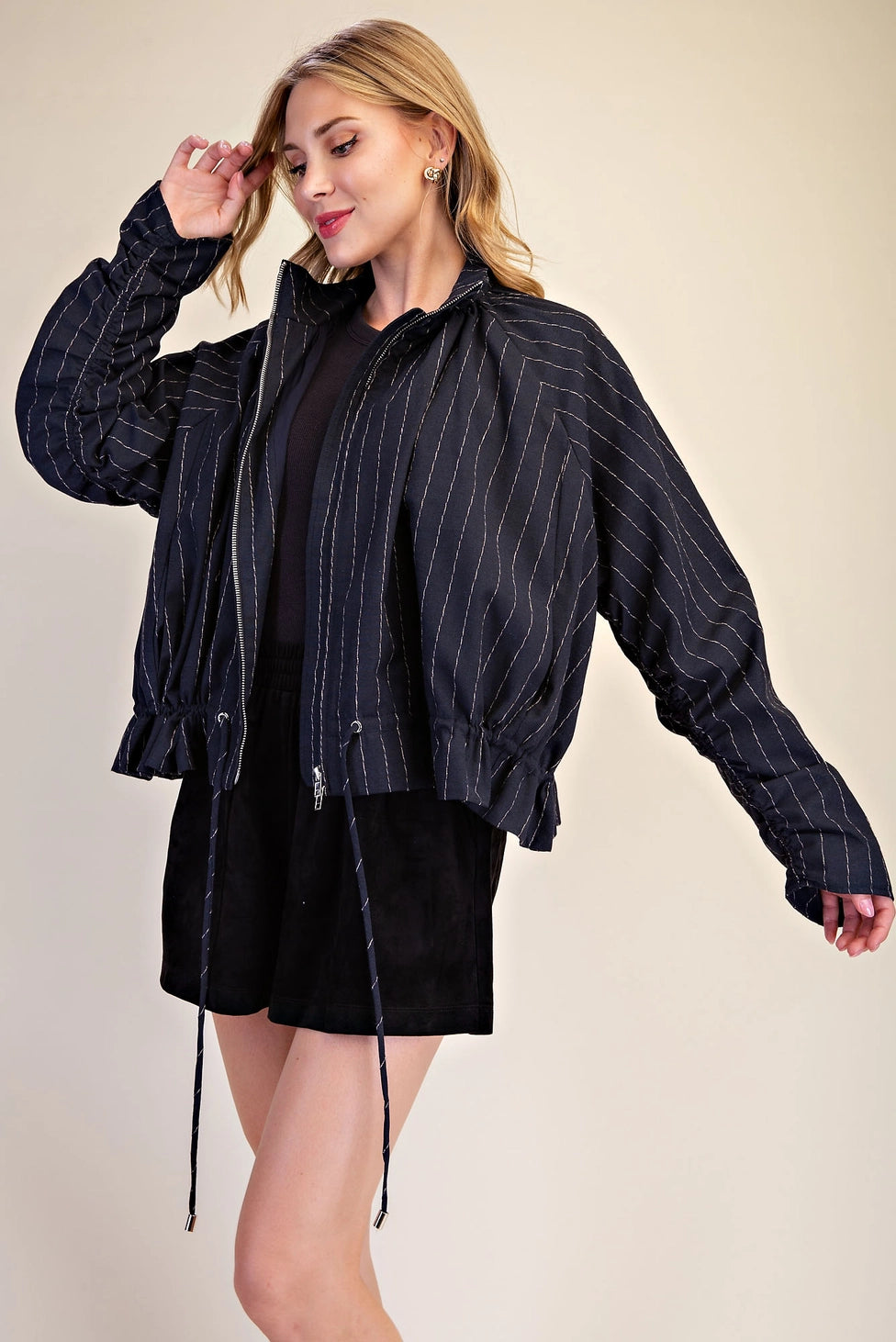 Crop Jacket Funnel-Neck Stripe