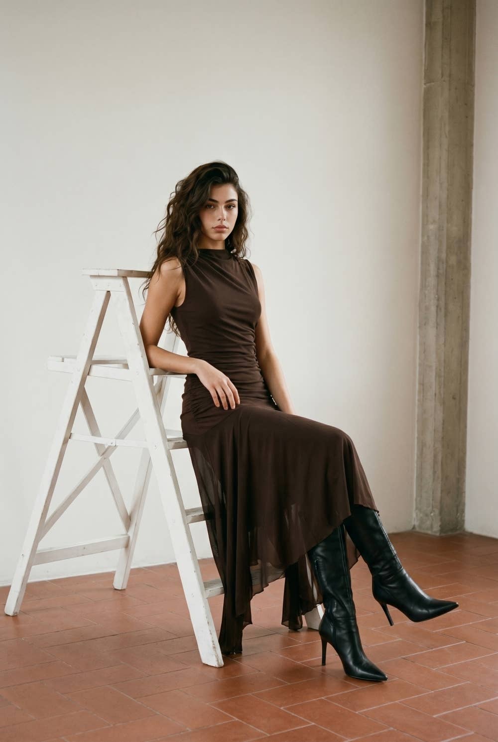 Draped High-Neck Mesh Maxi Dress with Asymmetric Flutter Hem