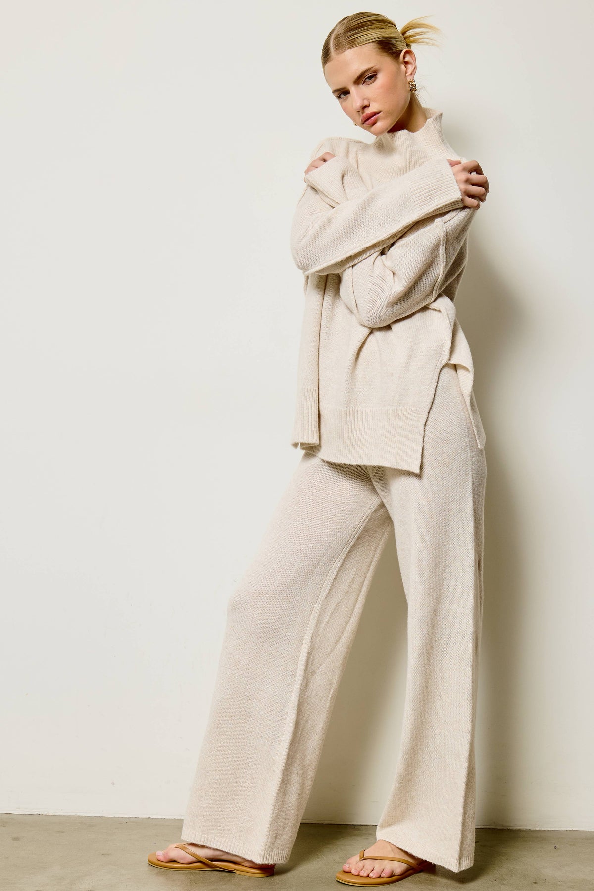 Mock Neck Side Slit Knit Sweater & Pants Set