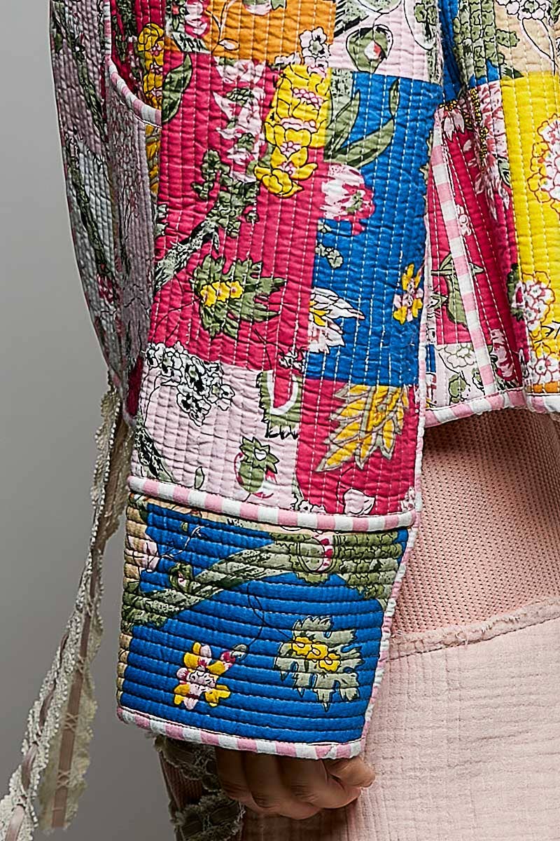 Lightweight Contrast Trim Quilted Kimono Jacket