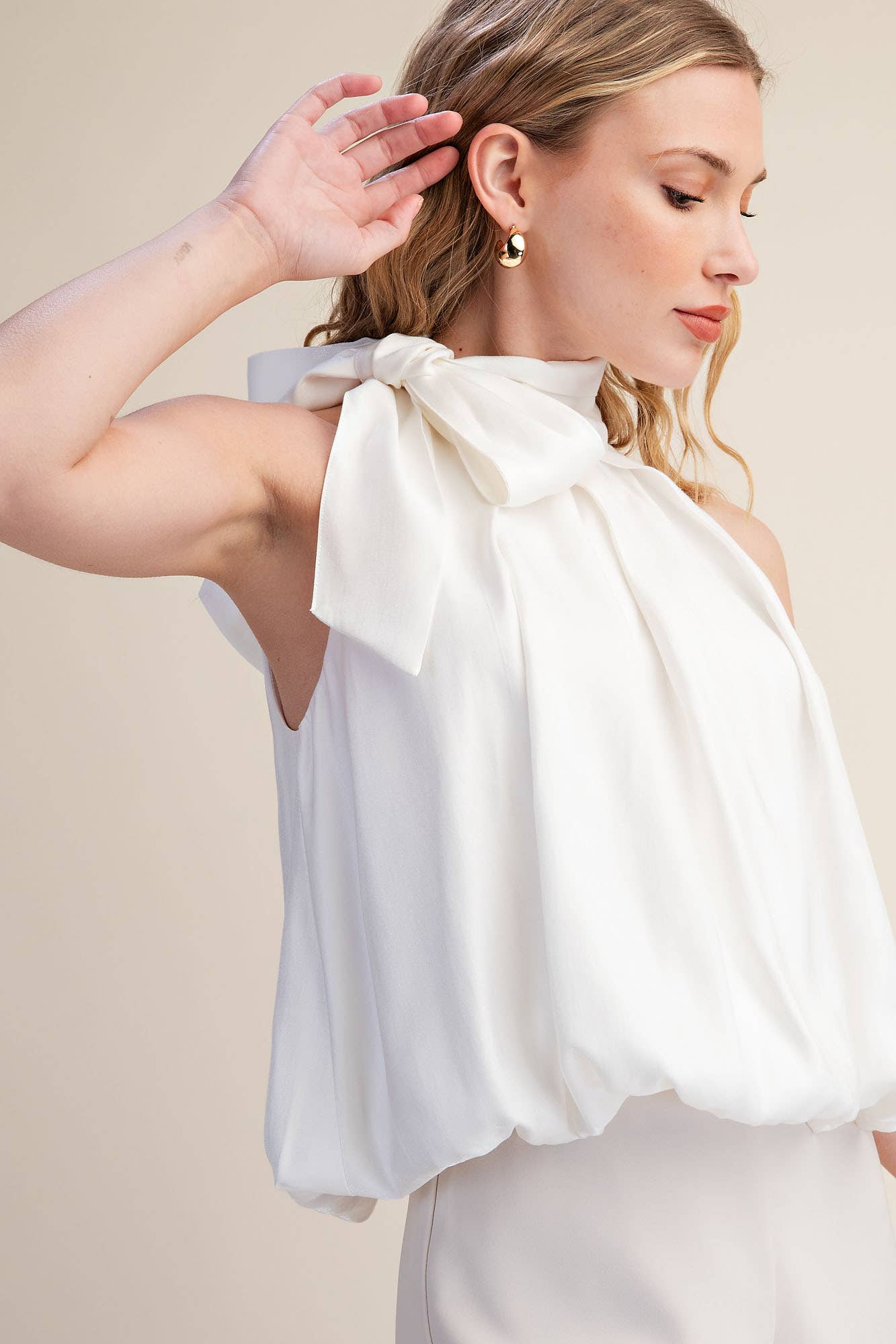 High Neck Tie Wrap Sleeveless Bubble Top