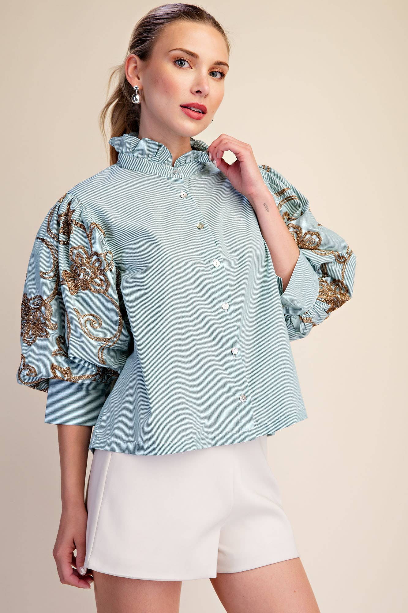 Ruffle Neck Embroidery Puff Sleeve Blouse