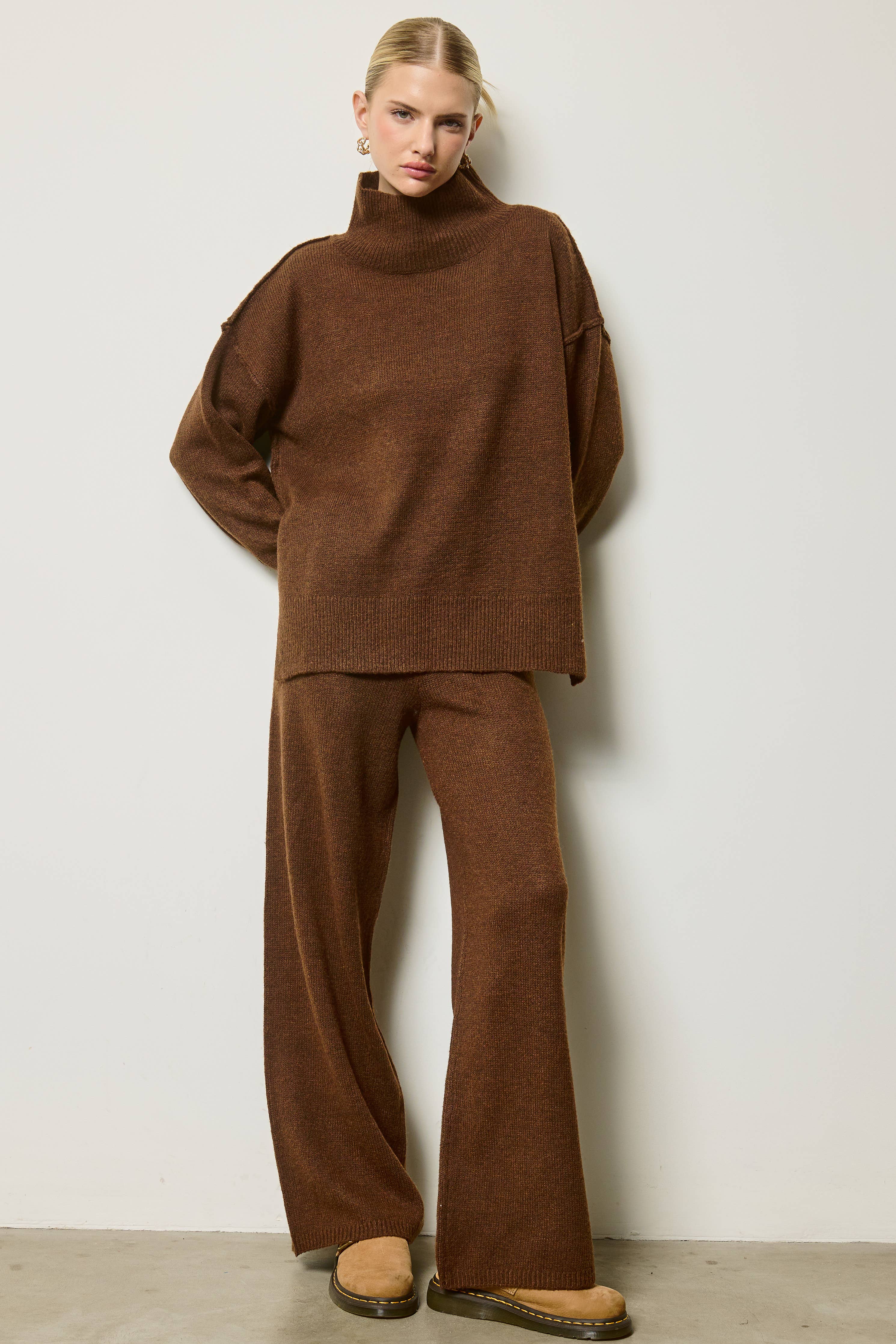 Mock Neck Side Slit Knit Sweater & Pants Set