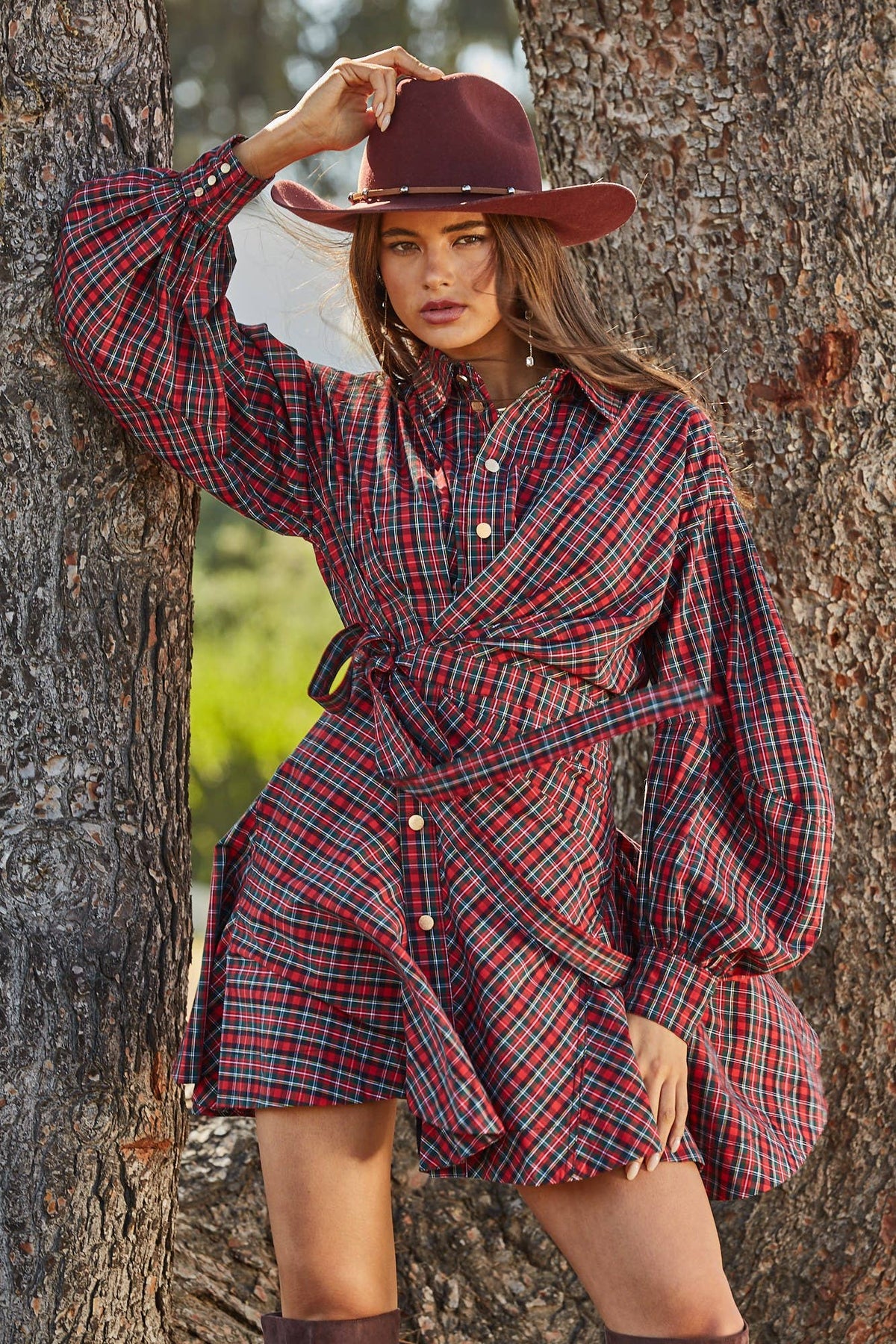 Asymmetrical Ruched Plaid Wrap Dress