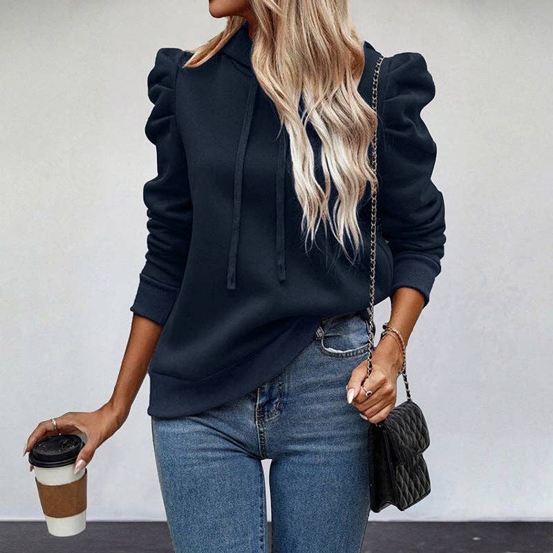 Solid Hoodie Sweatshirt Terry Top Trendy Puff Sleeve Casual