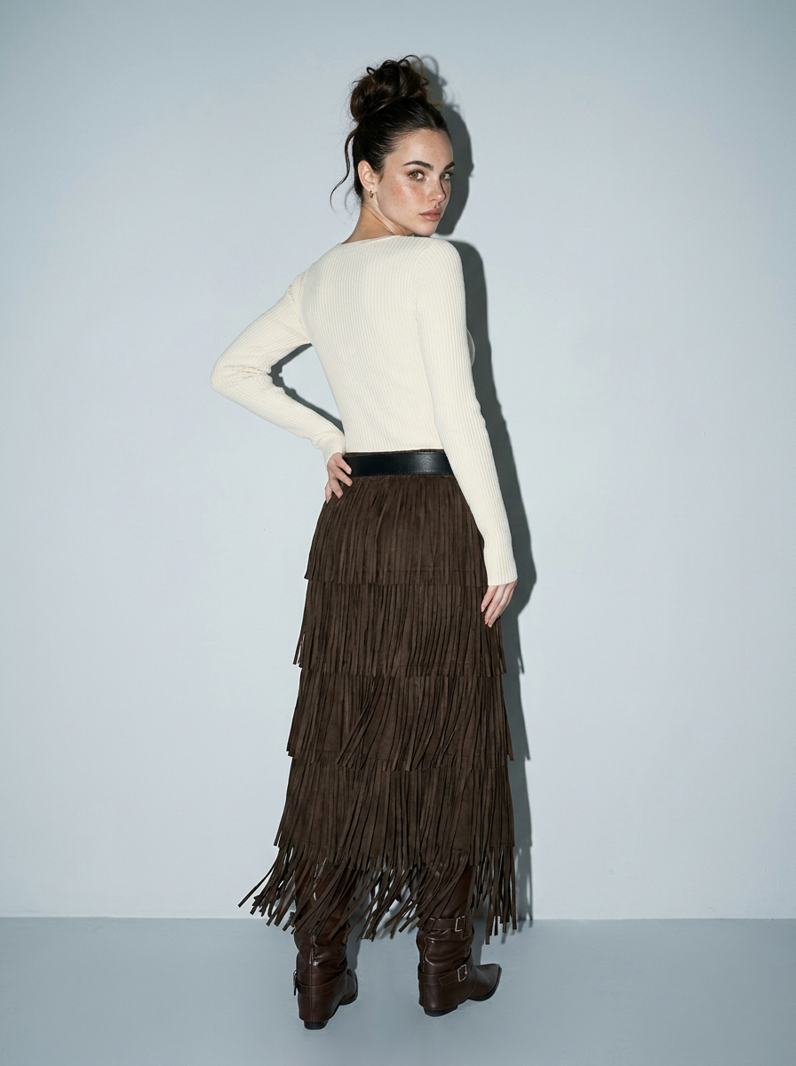 Pleated knit Fringe Layered Skirt with Belt