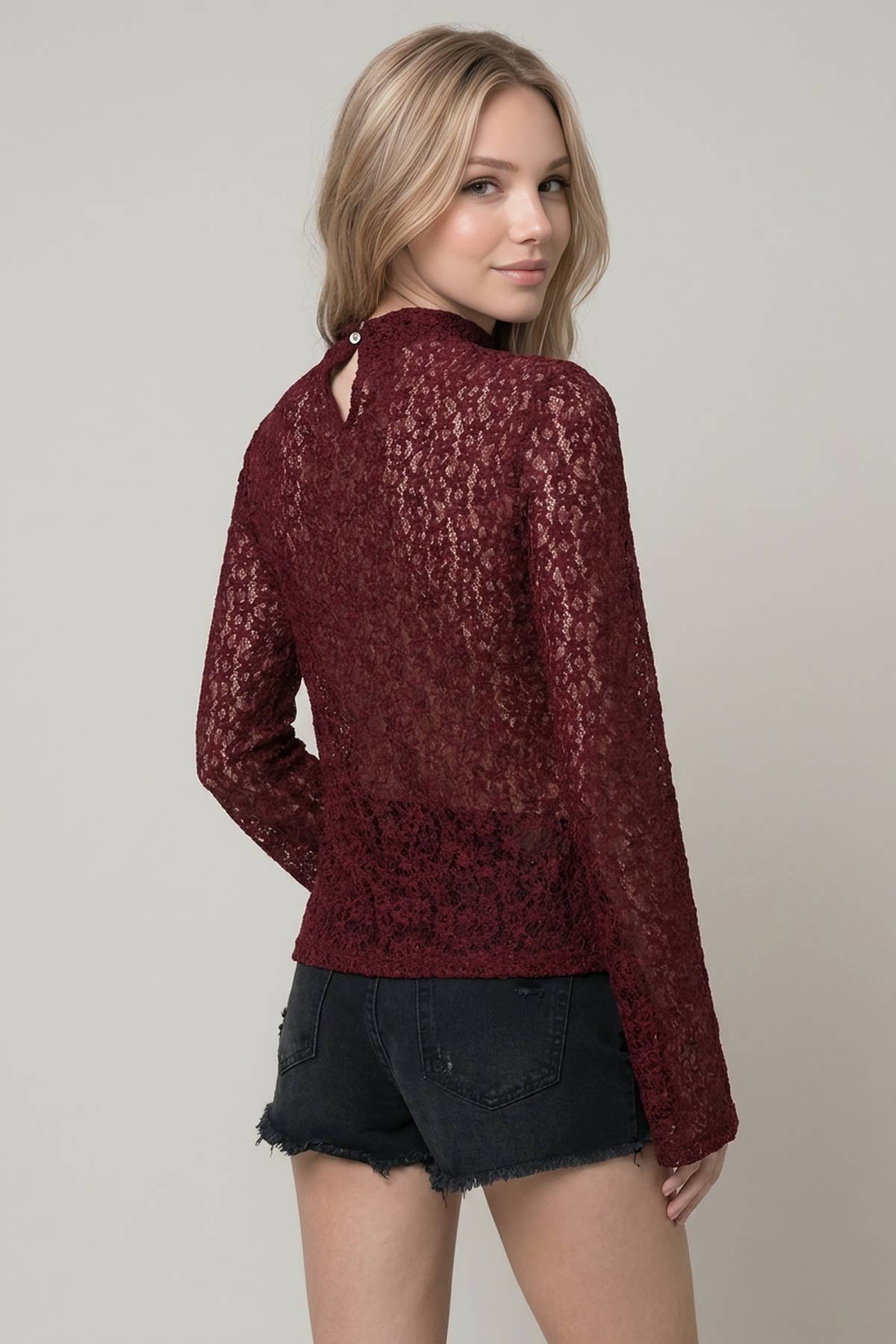 Lace Mock Neck Semi Bell Slv Top