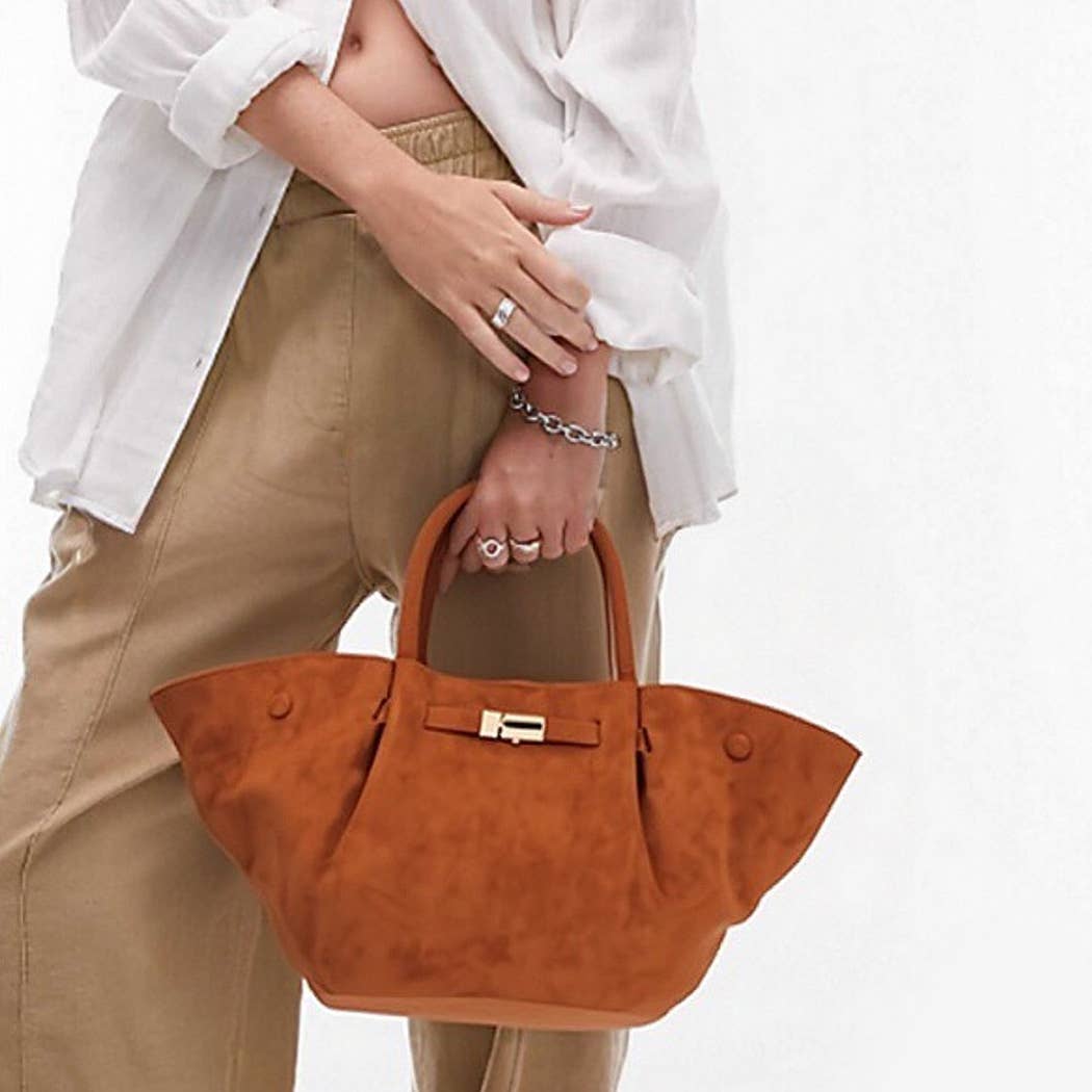 Gold Buckle Suede Tote Bag