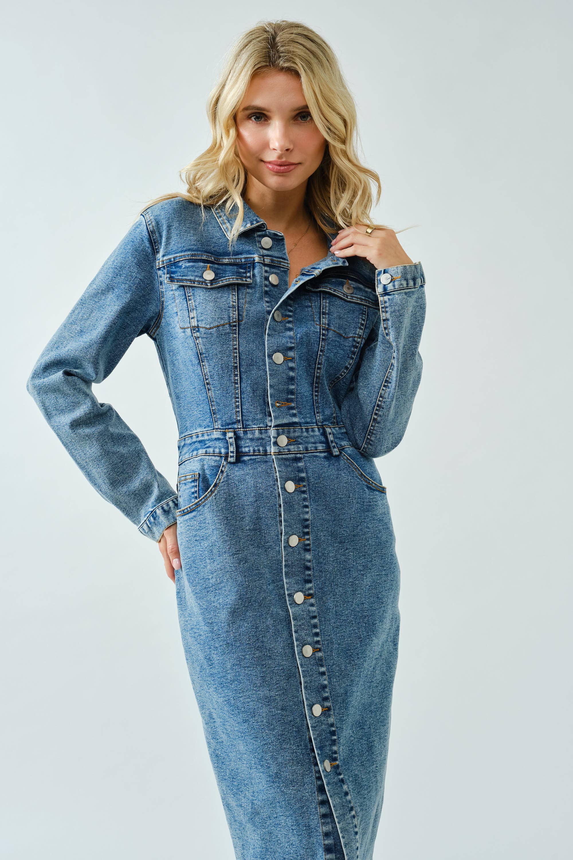Stretch Button Down Washed Denim Dress