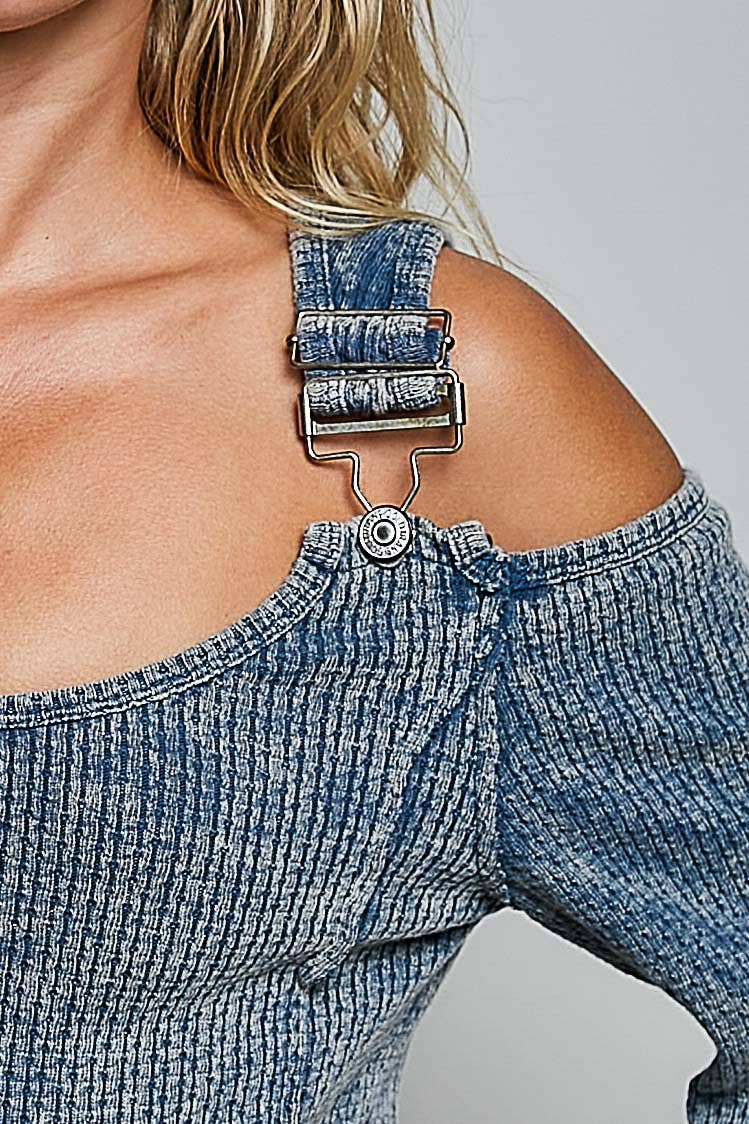 Vintage Washing Solid Buckle Open Shoulder Knit Thermal Top