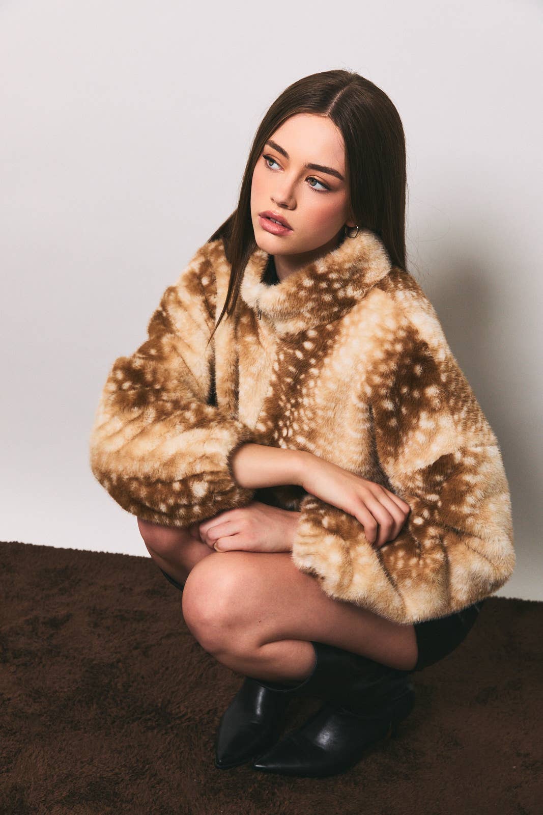 Faux Fur Deer Print Zip Jacket
