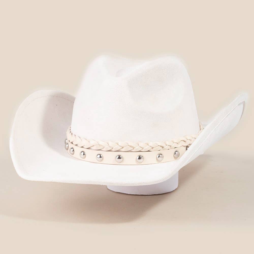 Braided And Studded Strap Faux Suede Cowboy Hat