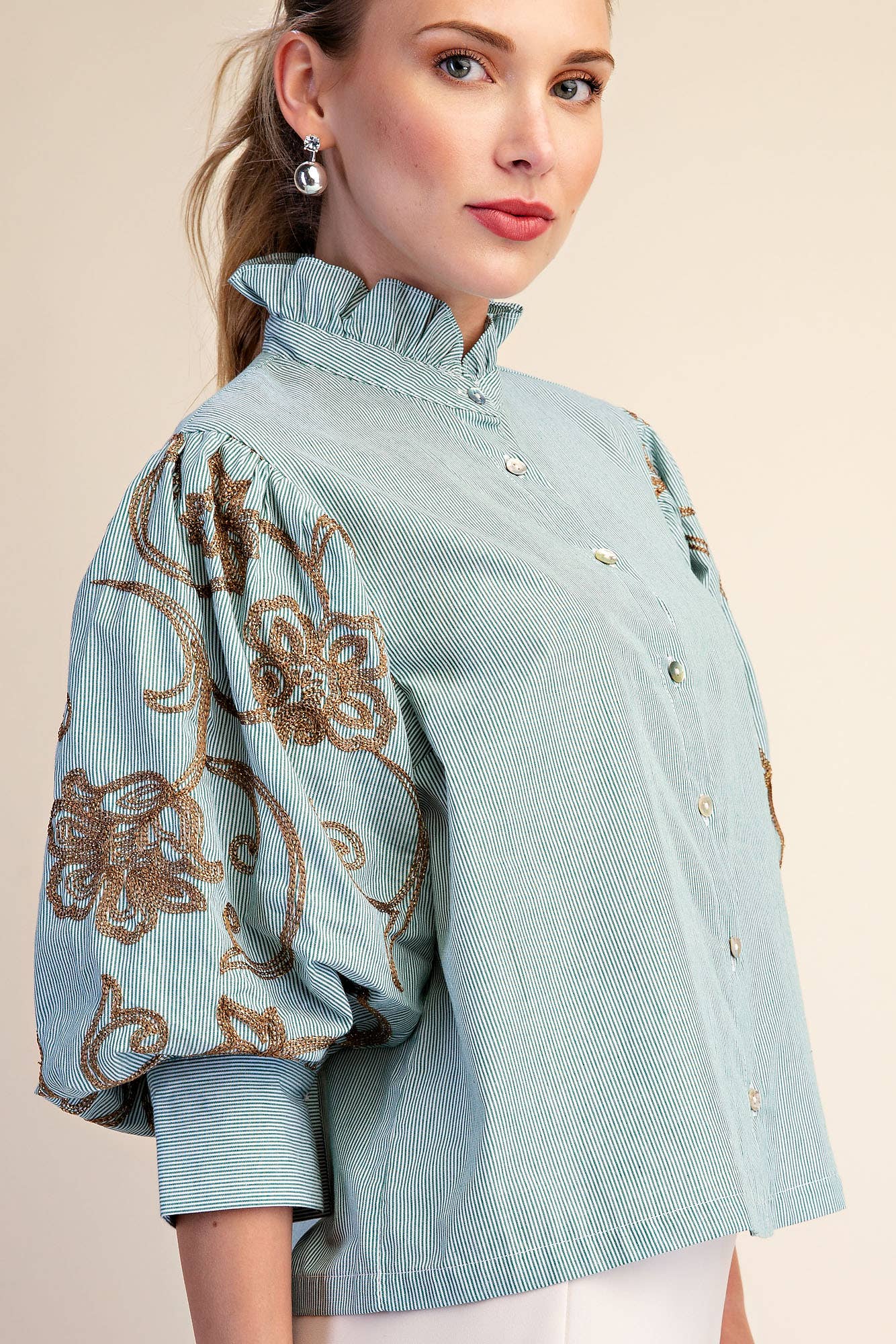 Ruffle Neck Embroidery Puff Sleeve Blouse
