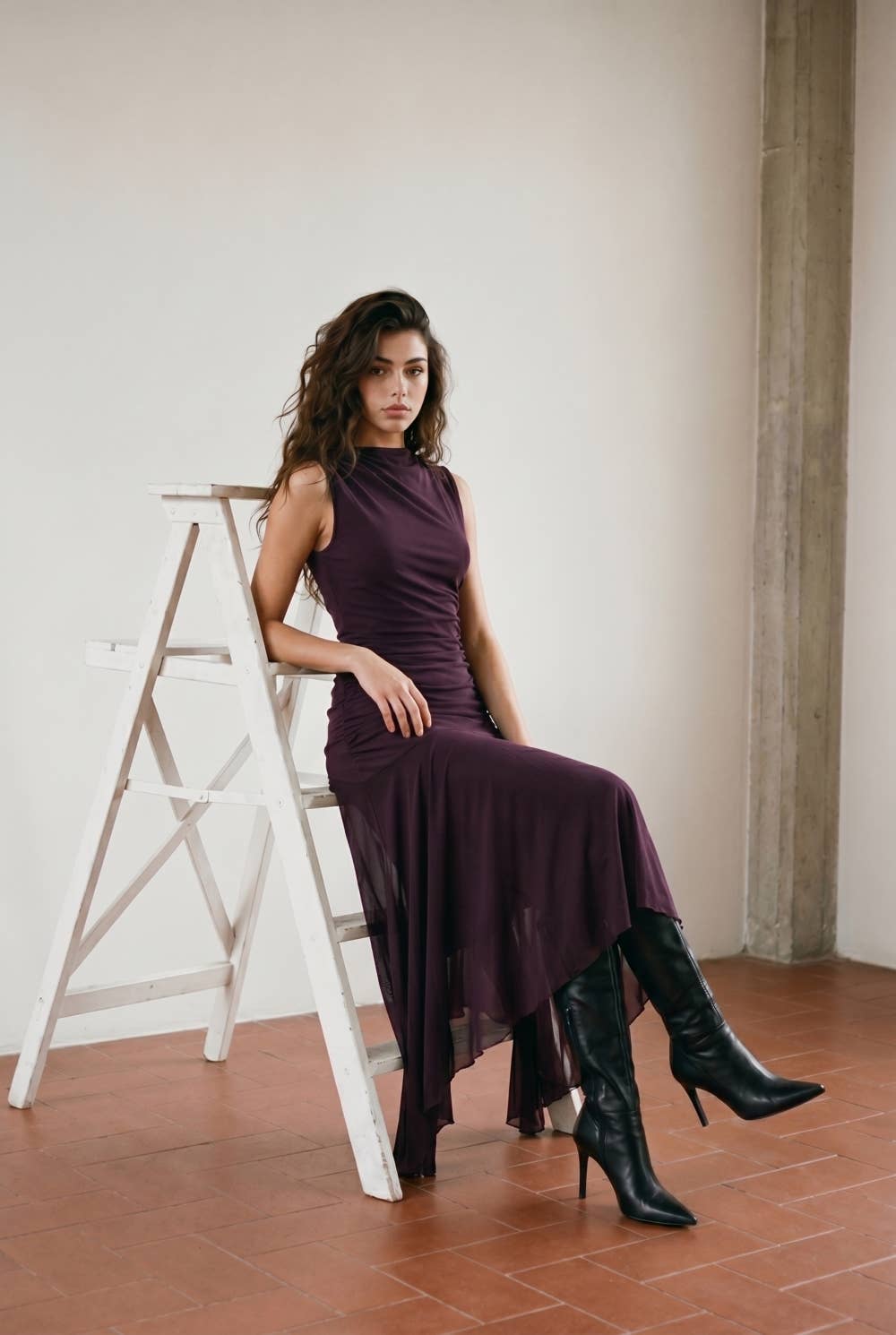 Draped High-Neck Mesh Maxi Dress with Asymmetric Flutter Hem