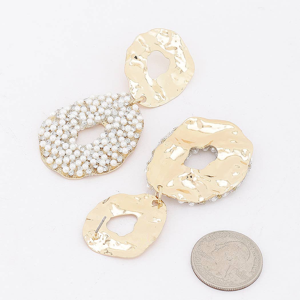Two-Tier Hammered Pearl Hoop Drop Earrings