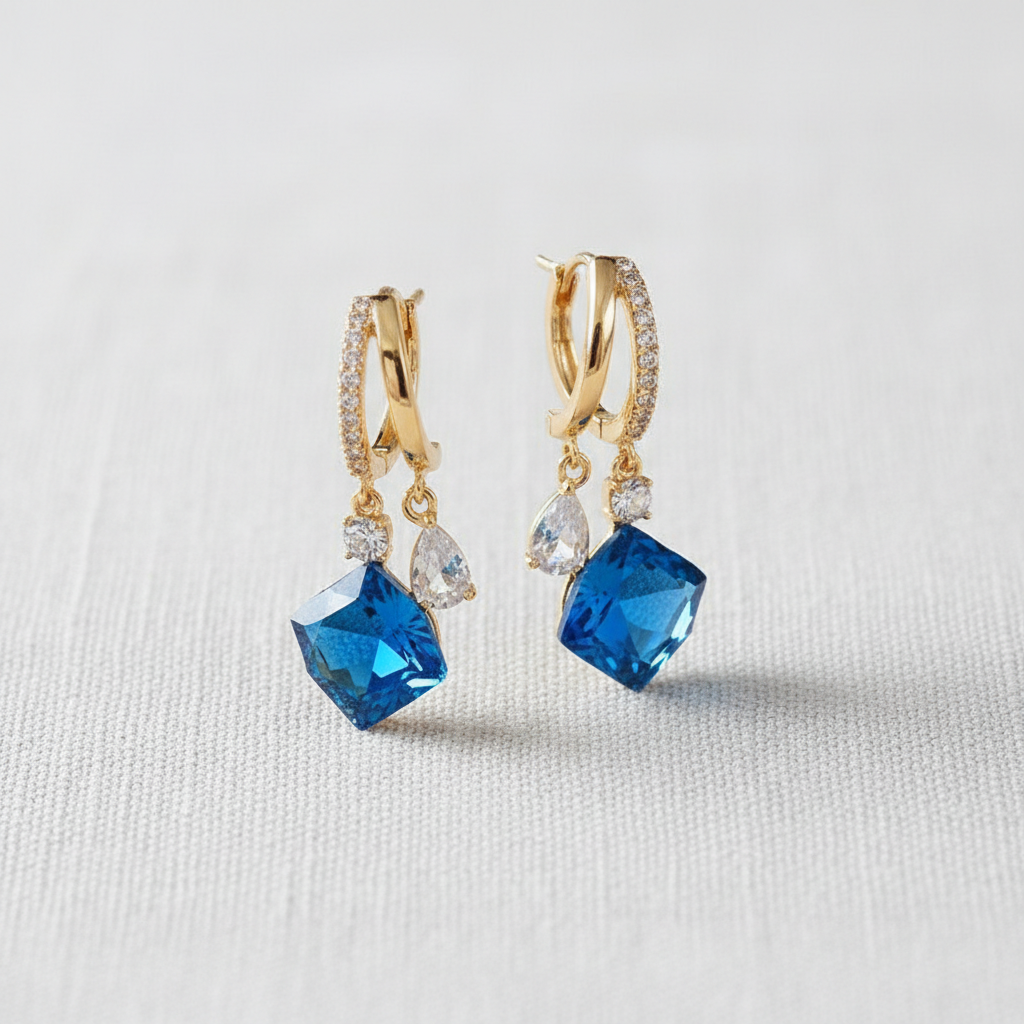 Blue Crystal Cube Stud Earrings