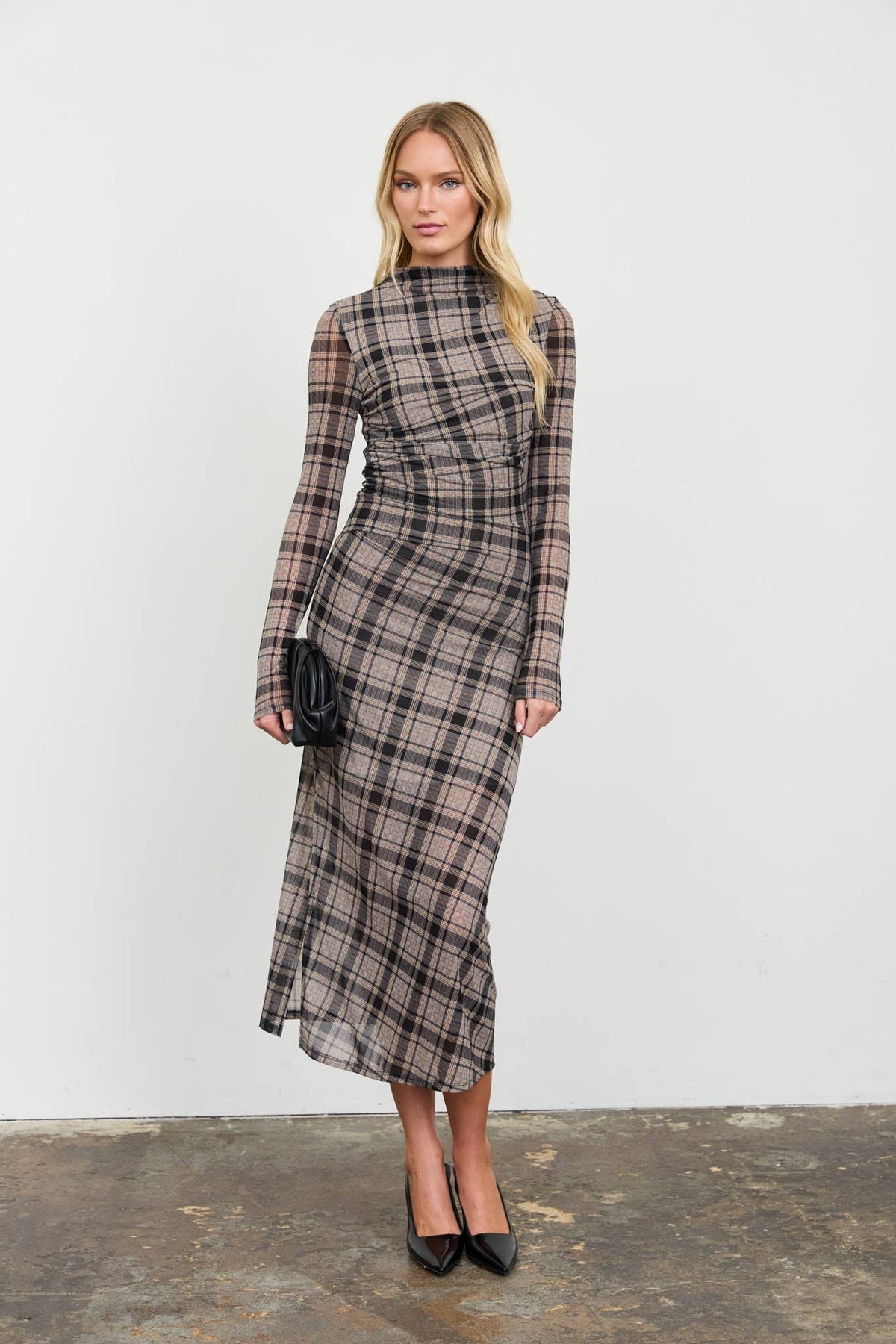 Plaid Mesh Ruched High Neck Midi Dress