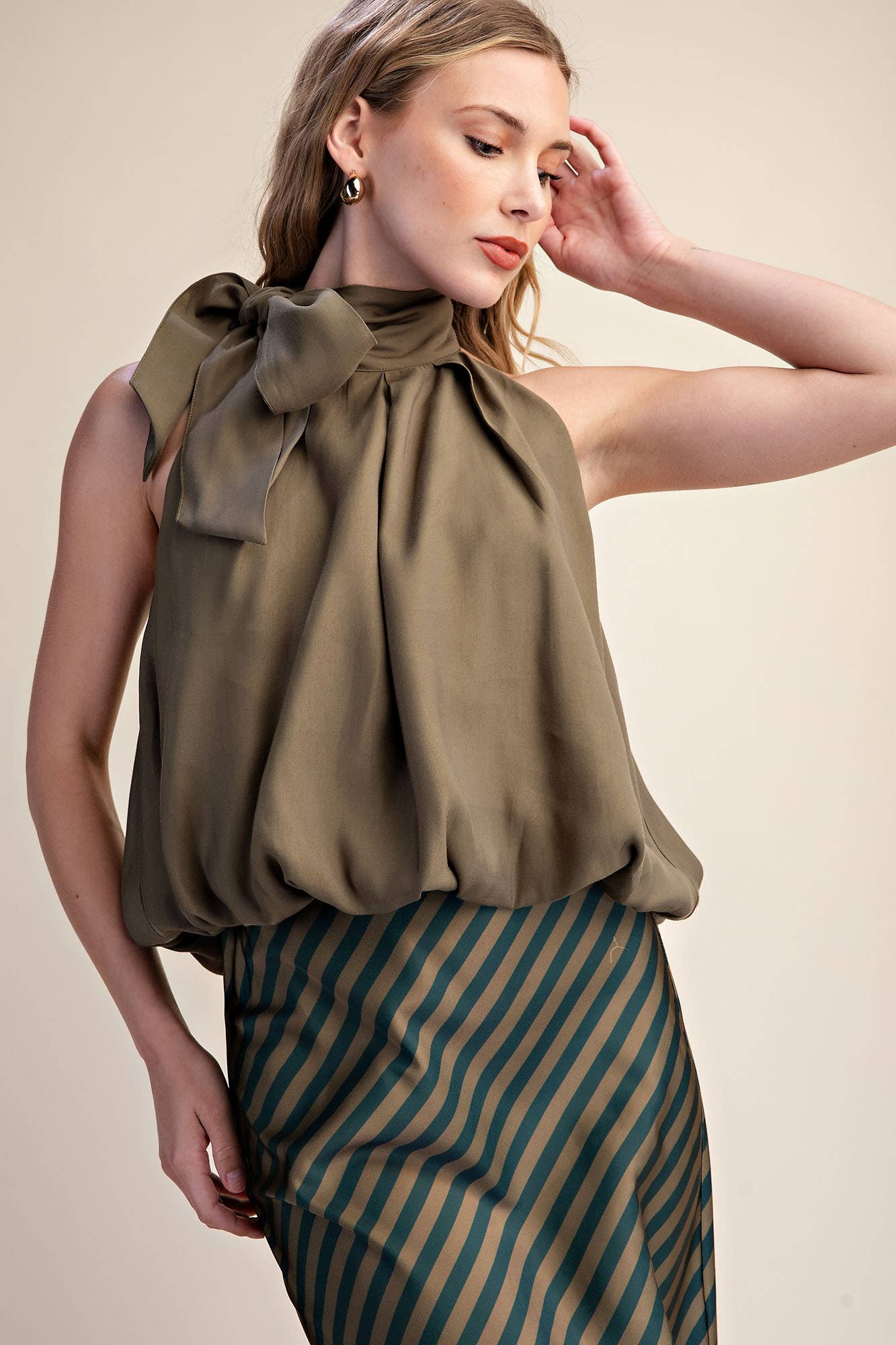 High Neck Tie Wrap Sleeveless Bubble Top