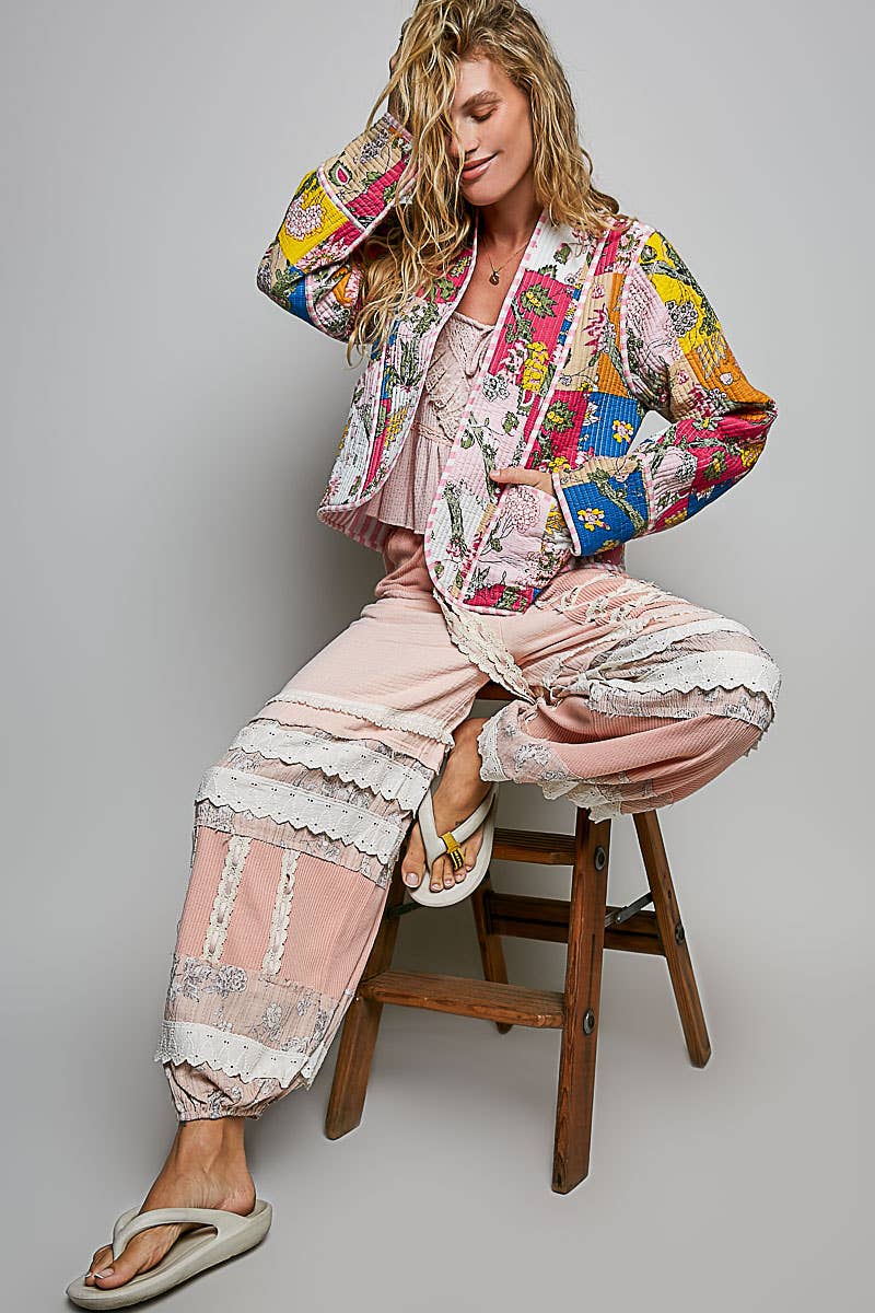 Lightweight Contrast Trim Quilted Kimono Jacket