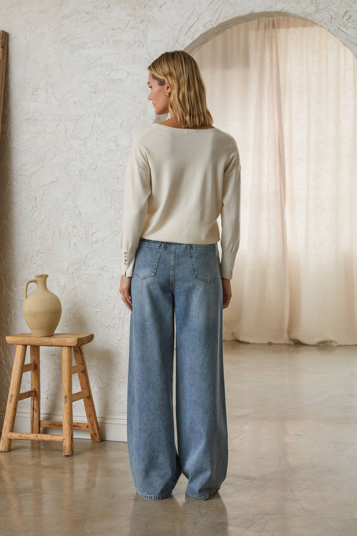 Washed Denim Pants with Faux Suede Side Line Detail and Wais