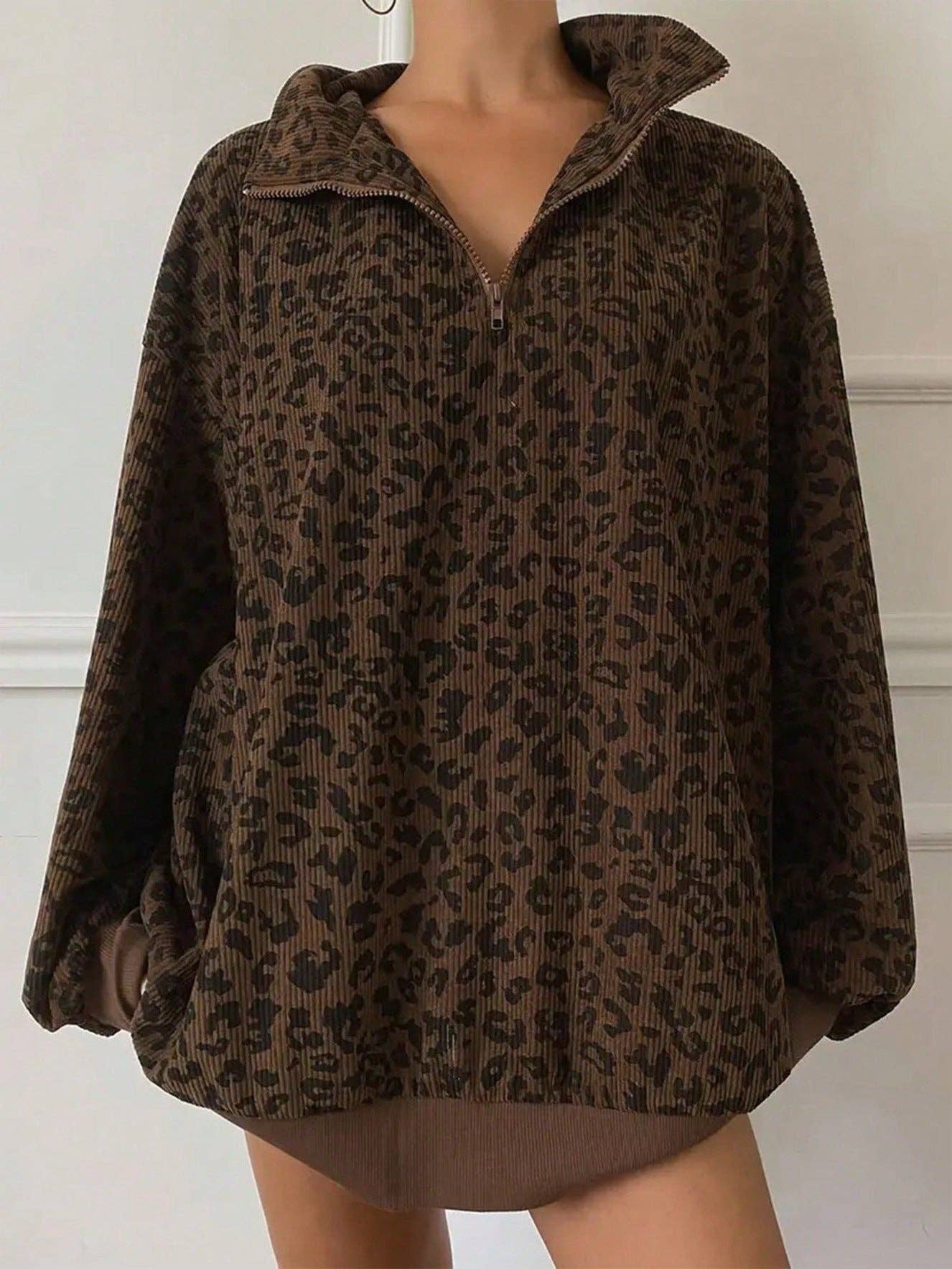 Leopard Corduroy Sweatshirt Streetwear Oversized Half Zip
