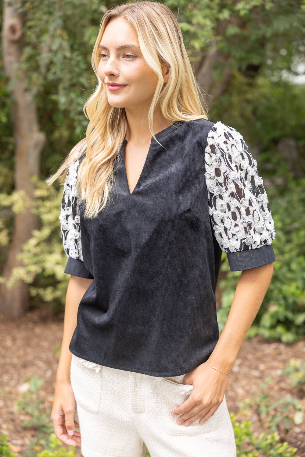 Floral Embroidered Lace Sleeve Colorblock Top