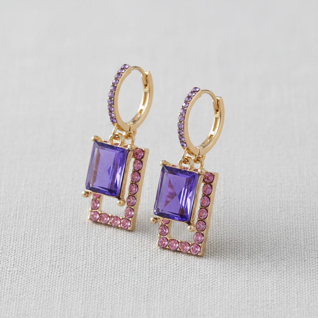 Purple Crystal Square Hoop Earrings