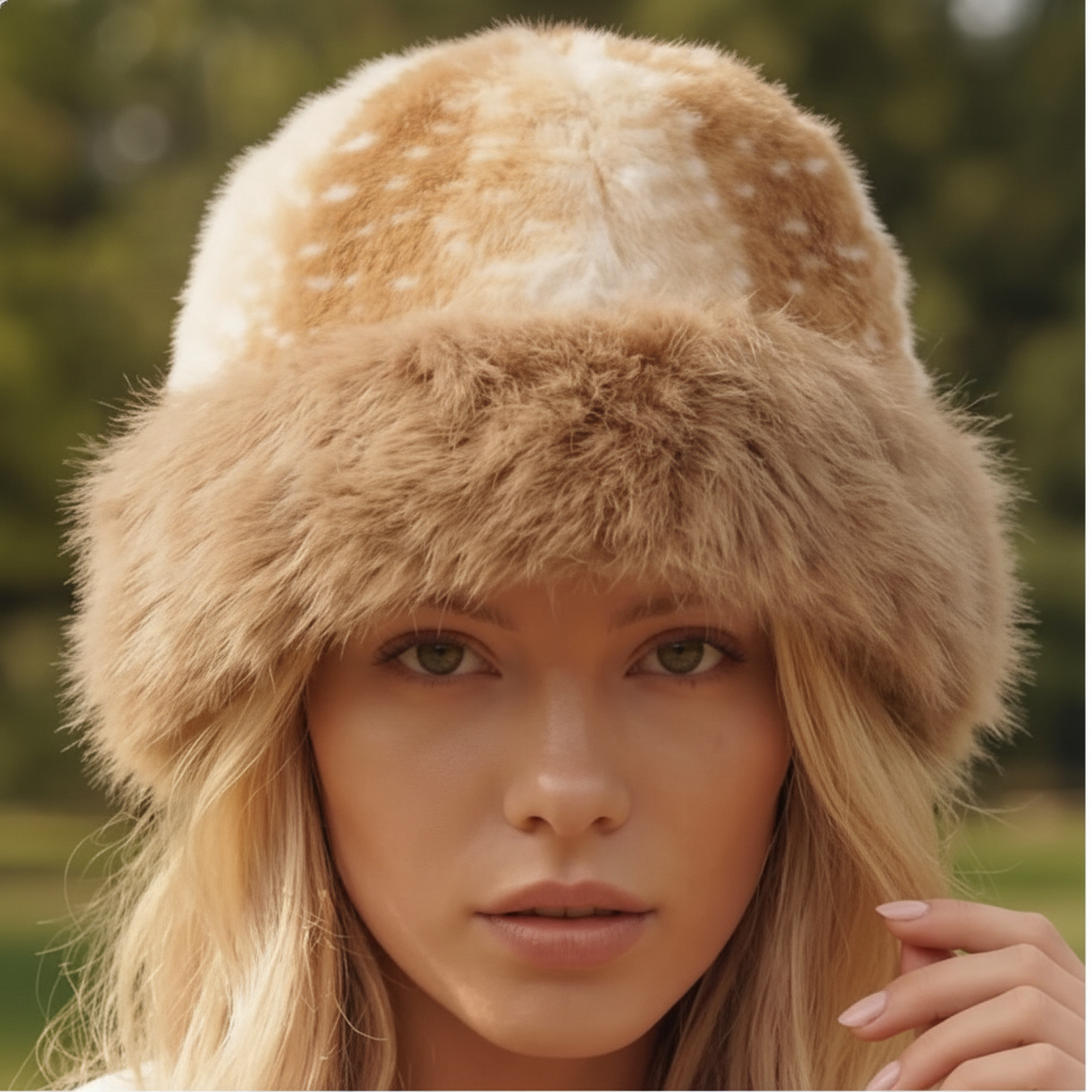 Fawn Print Fur Trim Bucket Hat
