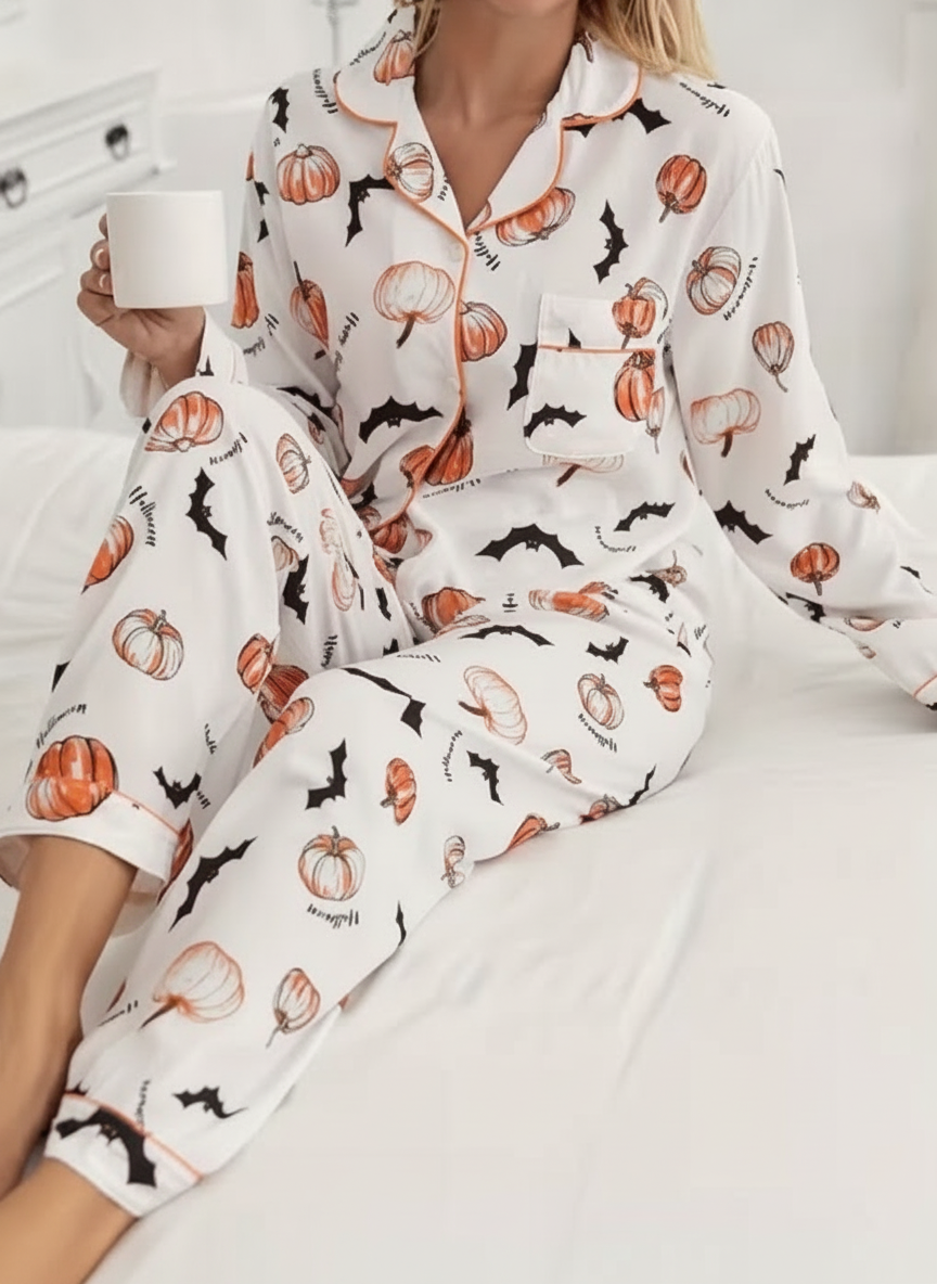 Pumpkin & Bat Pj Set with Piping