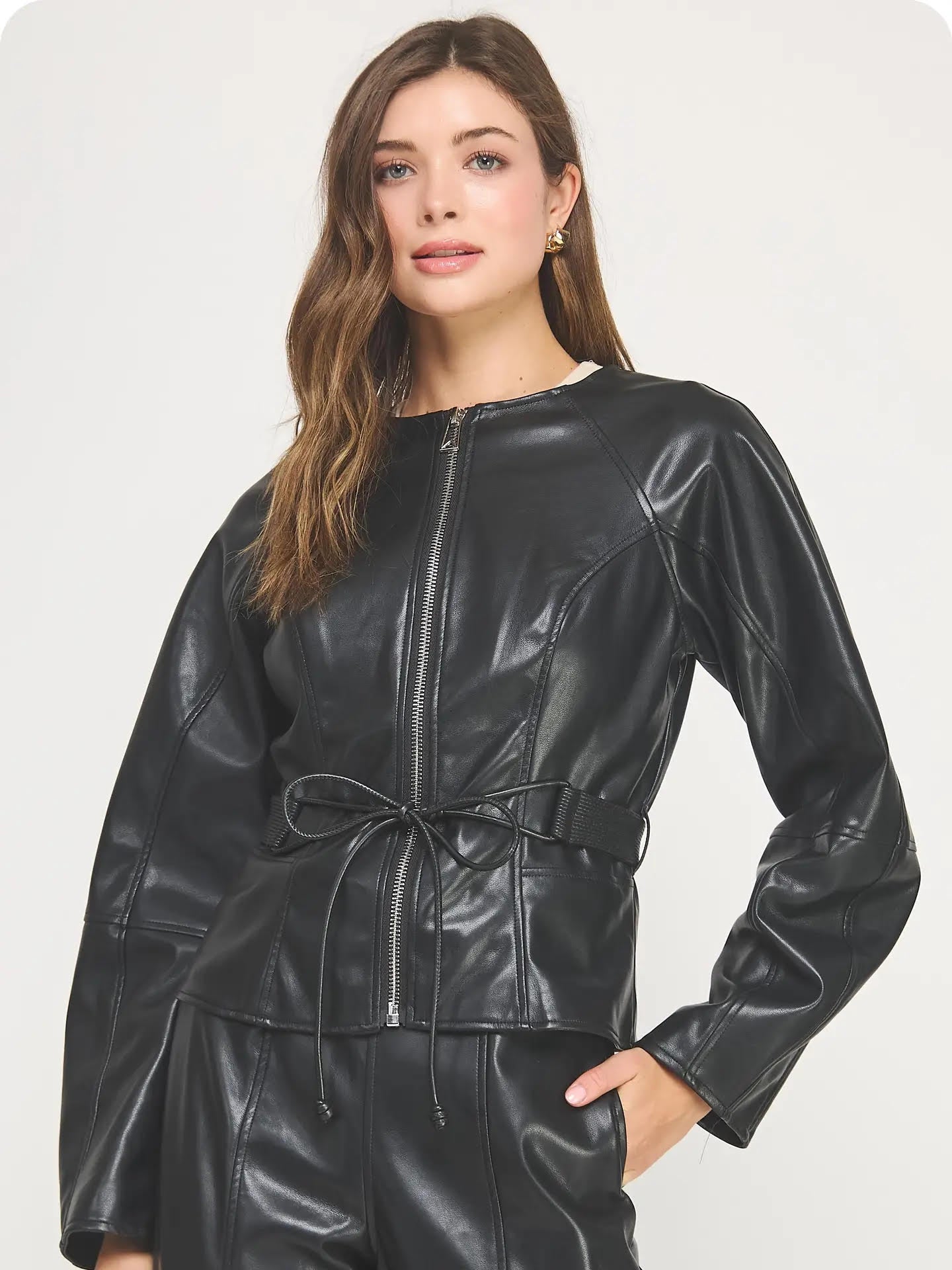 Belt Detail Faux Leather Jacket