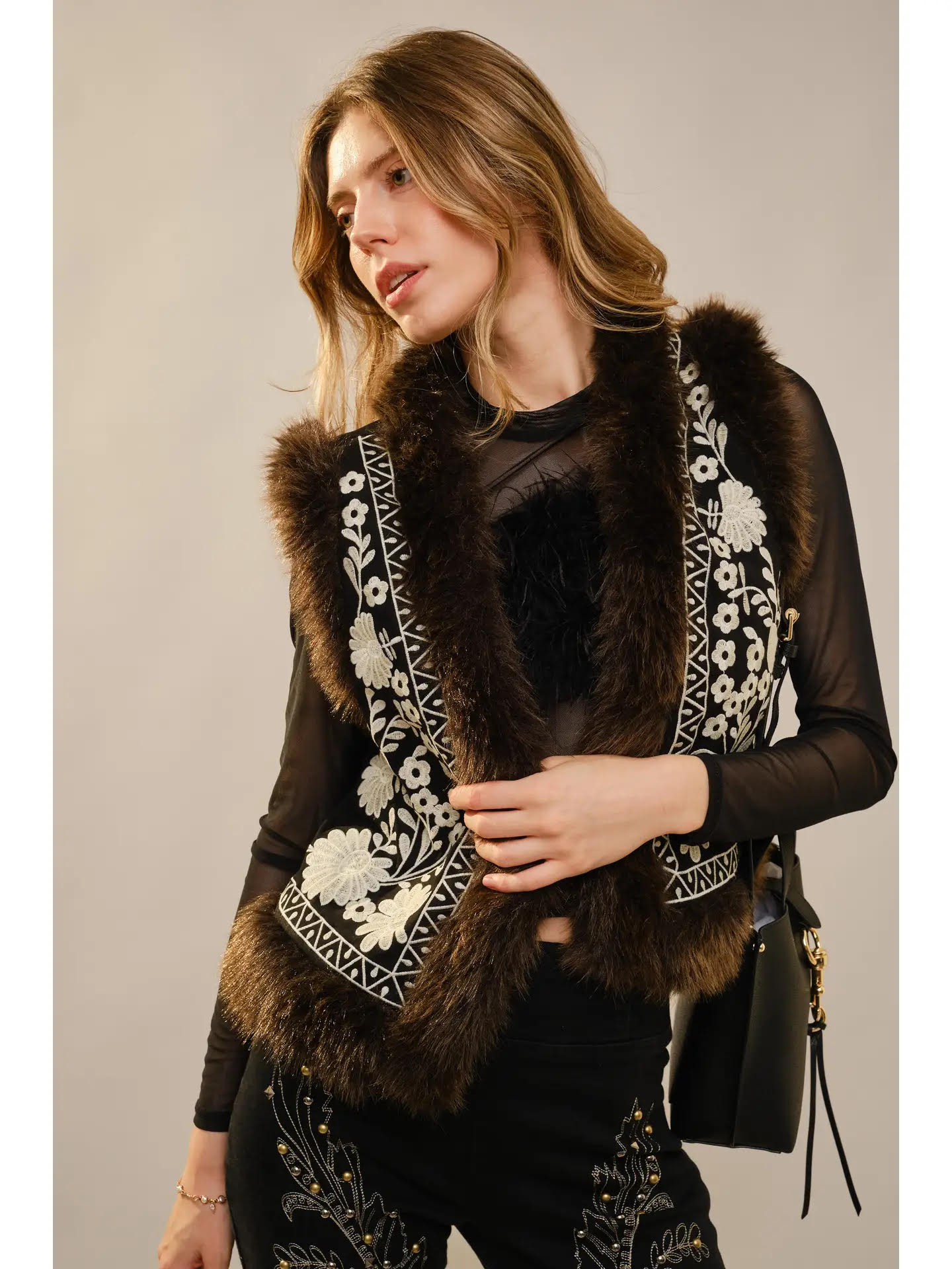 Faux Fur Floral Vegan Suede Vest