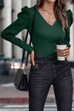 Puff Shoulder V Neck Rib Sweater